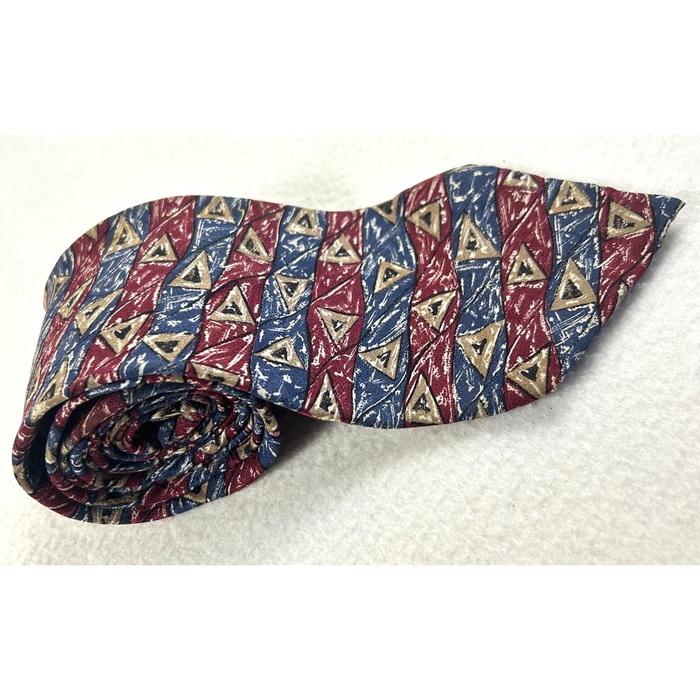Isaco Necktie Mens OS Red Blue Geometric Abstract Triangle‎ Silk Professional
